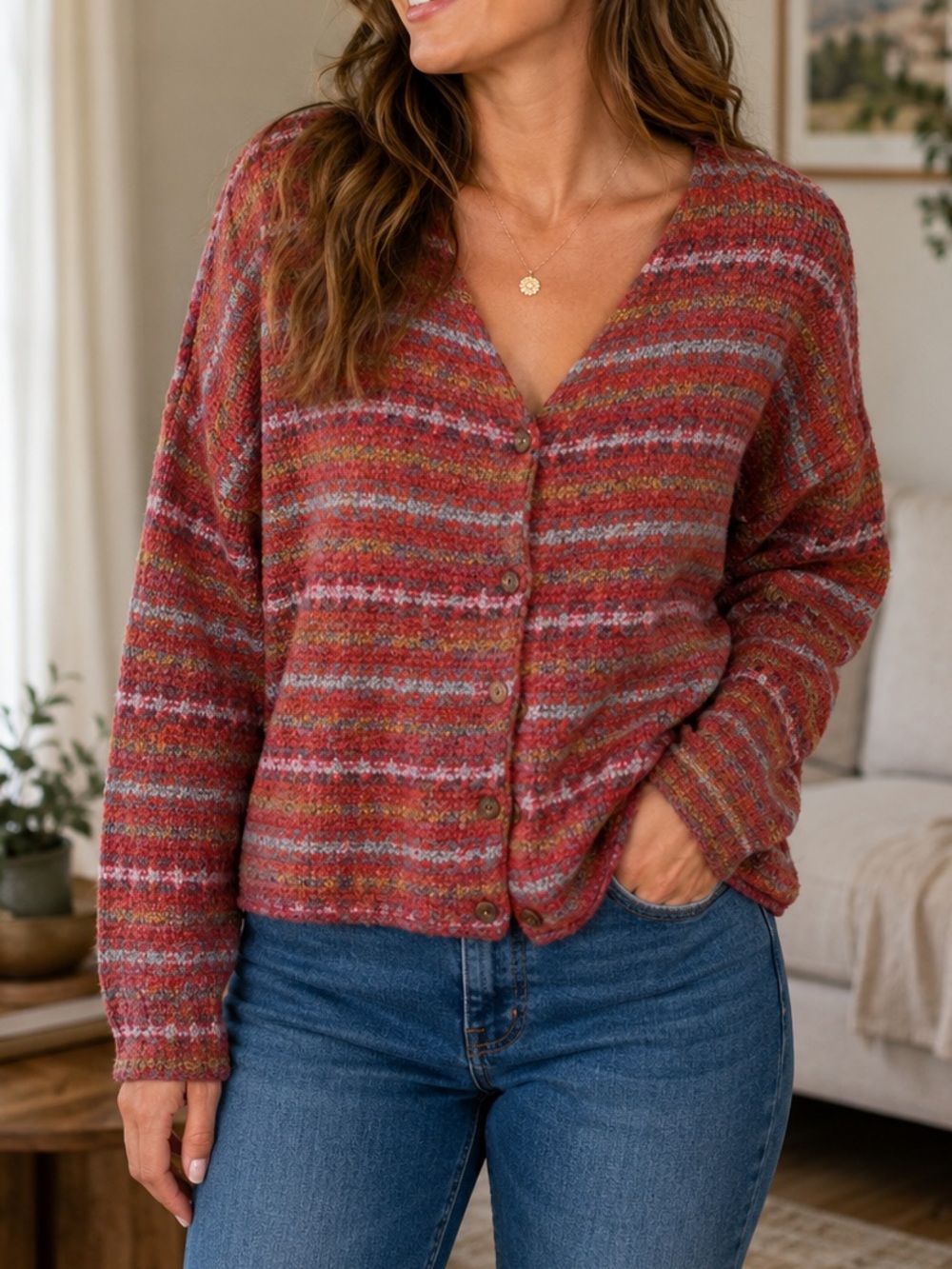Alps Fair Isle Cardigan Sweater - sz XL- Red Button Up USA